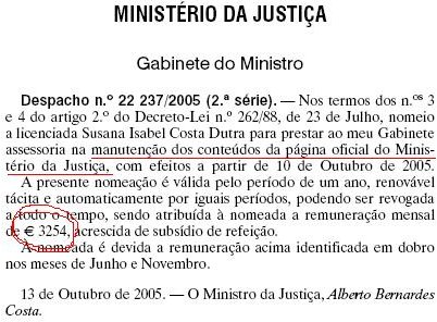 Despacho do ministro da justiça, que atribui um ordenado mensal de €3254 para a manutenção da página oficial do ministério da justiça, acrescida de subsídio de refeição e a dobrar nos meses de Junho e Novembro.